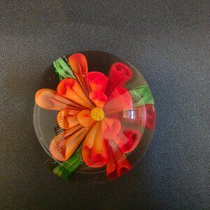small red orange Crimp Rose Glass Paperweight 2 in Tall